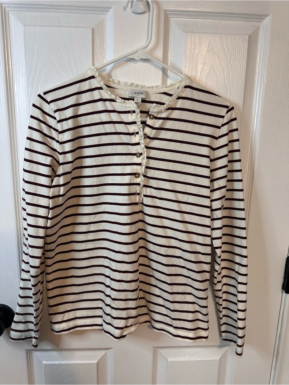 J. Crew Cream Tee with Burgundy Stripes